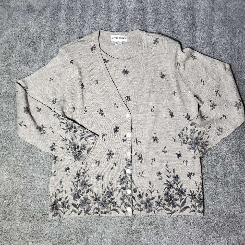 Alfred Dunner Gray Floral Cardigan Sweater Medium 2 in 1 Wool Blend top